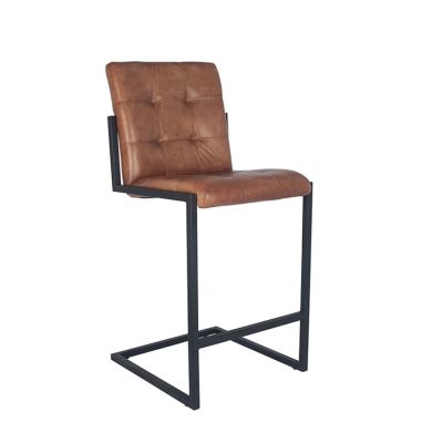Industrial Vintage Brown Leather and Iron Buttoned Bar Stool