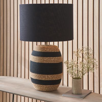 Kalutara Black and Natural Sea Grass Tall Table Lamp with Lino 40cm Black Self Lined Linen Drum Shade