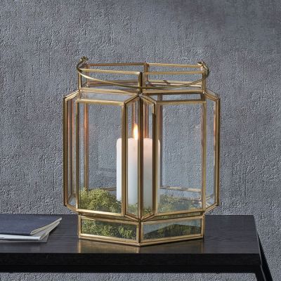Lory Shiny Brass Metal and Glass Hexagon Wide Lantern