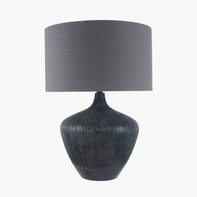 Manaia Antique Black Textured Wood Table Lamp with Henry 35cm Grey Handloom Cylinder Shade