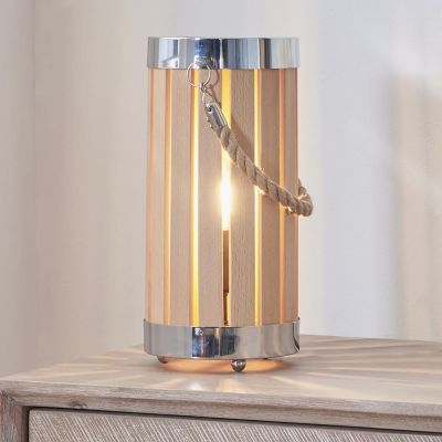 Natural Wood and Nickel Metal Small Lantern Table Lamp