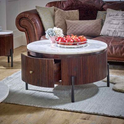 Otis Mango Wood Round Fluted Coffee Table With Marble Top