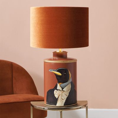 Penguin in Suit Tobacco Red Hand Painted Metal Table Lamp - Base Only