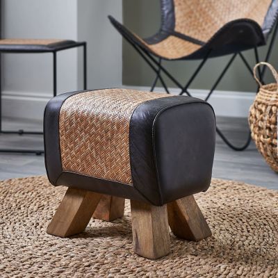 Pommello Black Leather Woven Rattan and Wood Stool