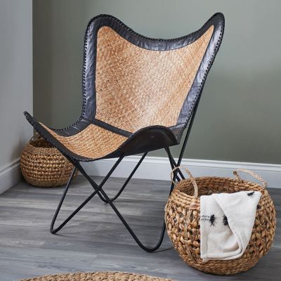 Renato Black Leather Woven Rattan and Iron Butterfly Chair