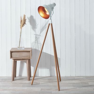 Scandinavian White and Natural Wood Tripod Floor Lamp