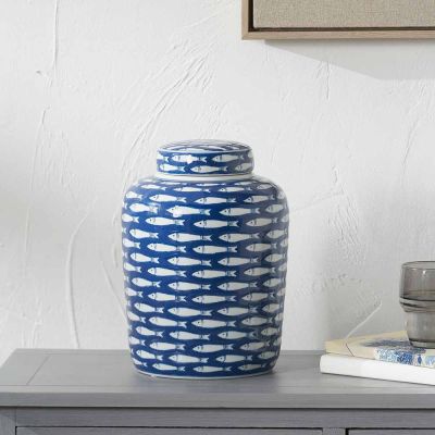 Schoal Blue and White Fish Detail Ceramic Ginger Jar