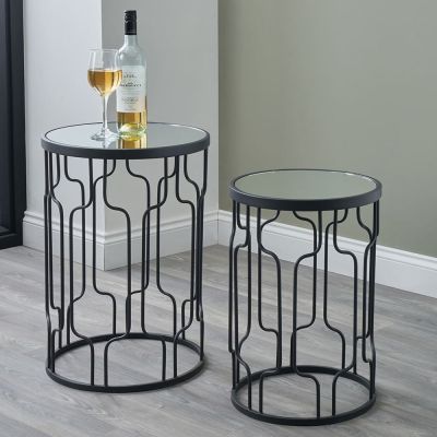 Set of 2 Caprisse Mirrored and Graphite Metal Round Side Tables