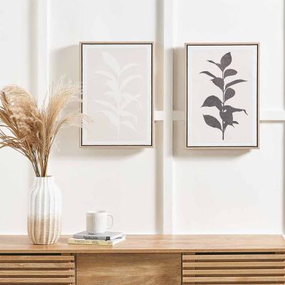 Set of 2 Natural and Black Leaf Print Canvases with Natural Frames