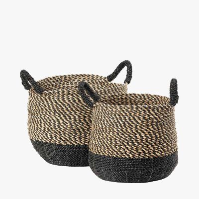 Set of 2 Woven Natural and Black Seagrass Round Baskets with Handles