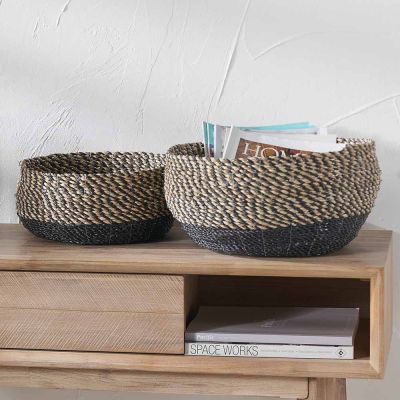 Set of 2 Woven Natural and Black Seagrass Round Baskets