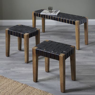 Set of 3 Claudio Black Woven Leather and Wood Bench and Stools