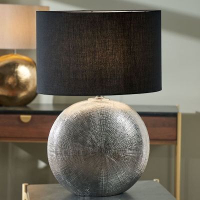 Silver Round Ceramic Table Lamp with Black Shade