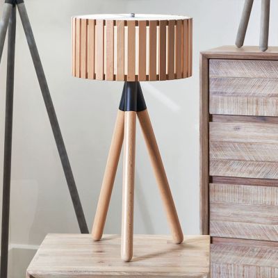 Slatted Natural Wood Tripod Table Lamp With Black Detail