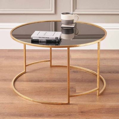 Veneziano Antique Gold Metal and Black Glass Round Coffee Table