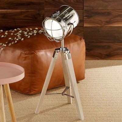 White Wash Wood & Silver Metal Tripod Table Lamp