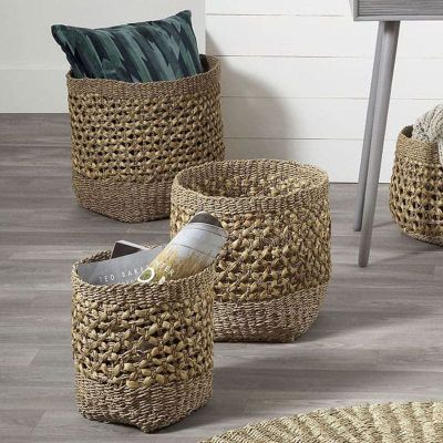 Woven Natural Seagrass and Water Hyacinth Set of 3 Tall Round Baskets