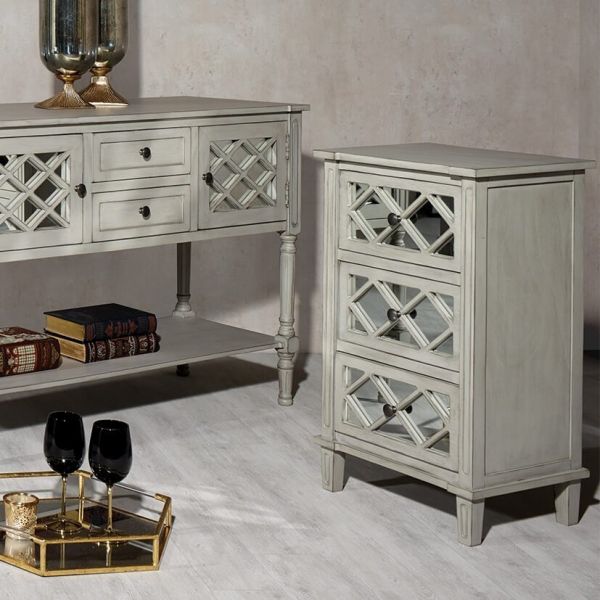 grey and mirrored bedside table