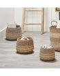 Set of 3 Woven 2-Tone Natural Seagrass and Palm Leaf Round Baskets