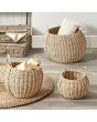 Set of 3 Woven Striped Natural Seagrass and Palm Leaf Round Baskets